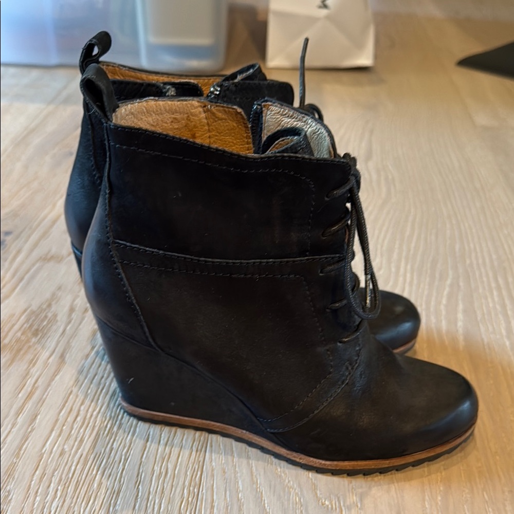 Black Leather Wedge Ankle Boots with Lace-Up Design